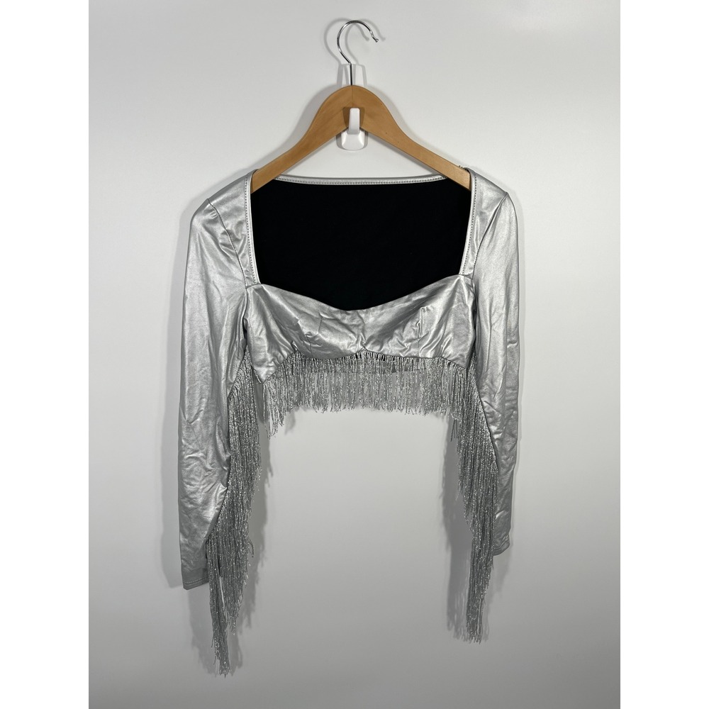 Womens Western Rodeo Crop Top M Silver Metallic Fringe Festival Country Cowgirl